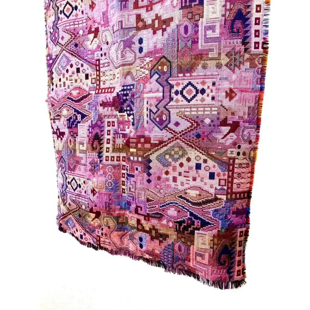Handwoven Tapestry Tribal Abstract Geometic Pink Purple Woven Textile